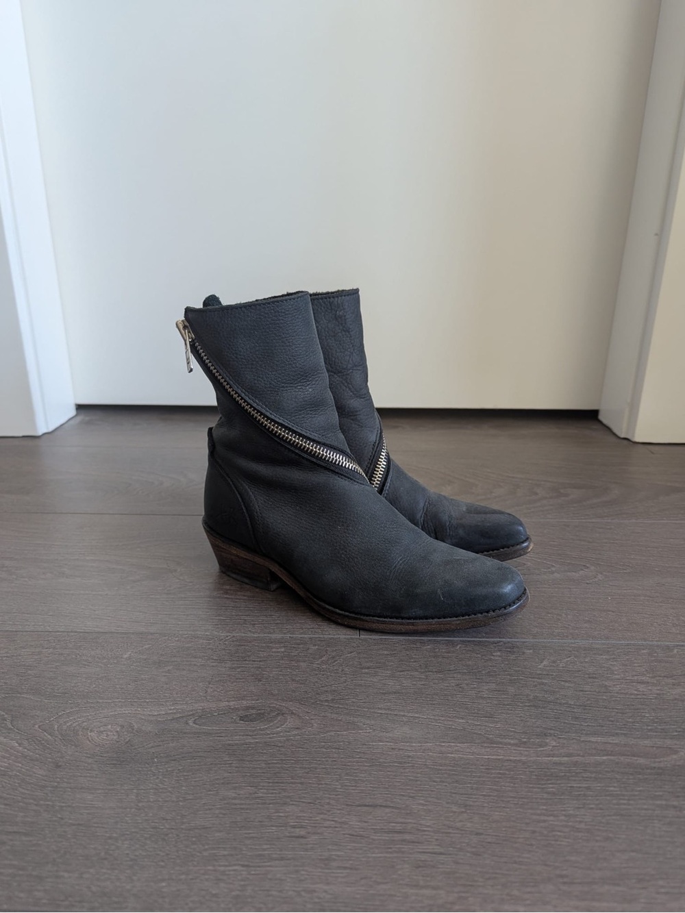 John Fluevog Black Leather Ruth Skin Boots with Zipper